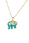 Gold tone titanium teal elephant pendant necklace studded with CZ crystals.