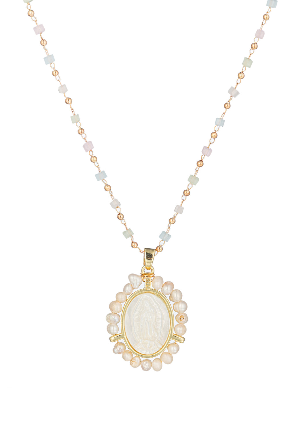 Gold tone titanium Virgin Mary shell pendant necklace.