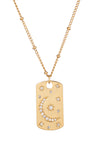 Gold tone titanium moon dog tag pendant necklace studded with CZ crystals.