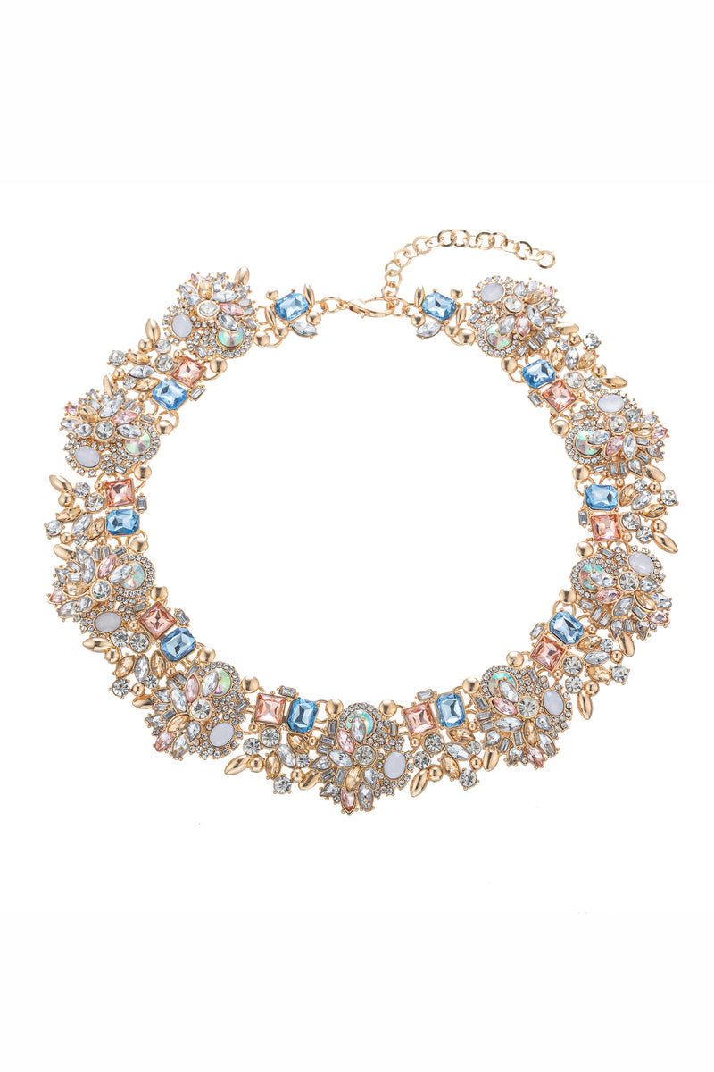 Gold alloy collar statement necklace with glass crystals.