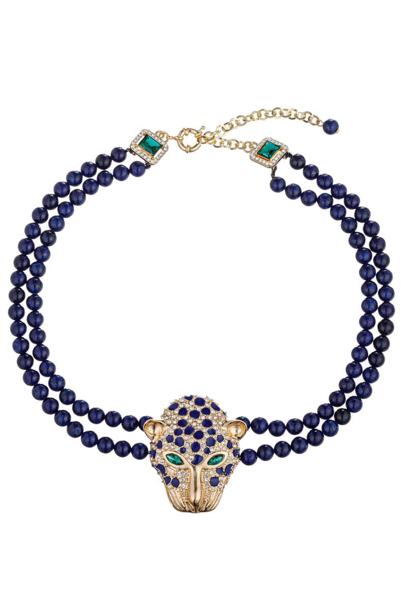 Elevate your style with this beaded necklace showcasing blue leopard agate beads, a fusion of elegance and nature-inspired charm.