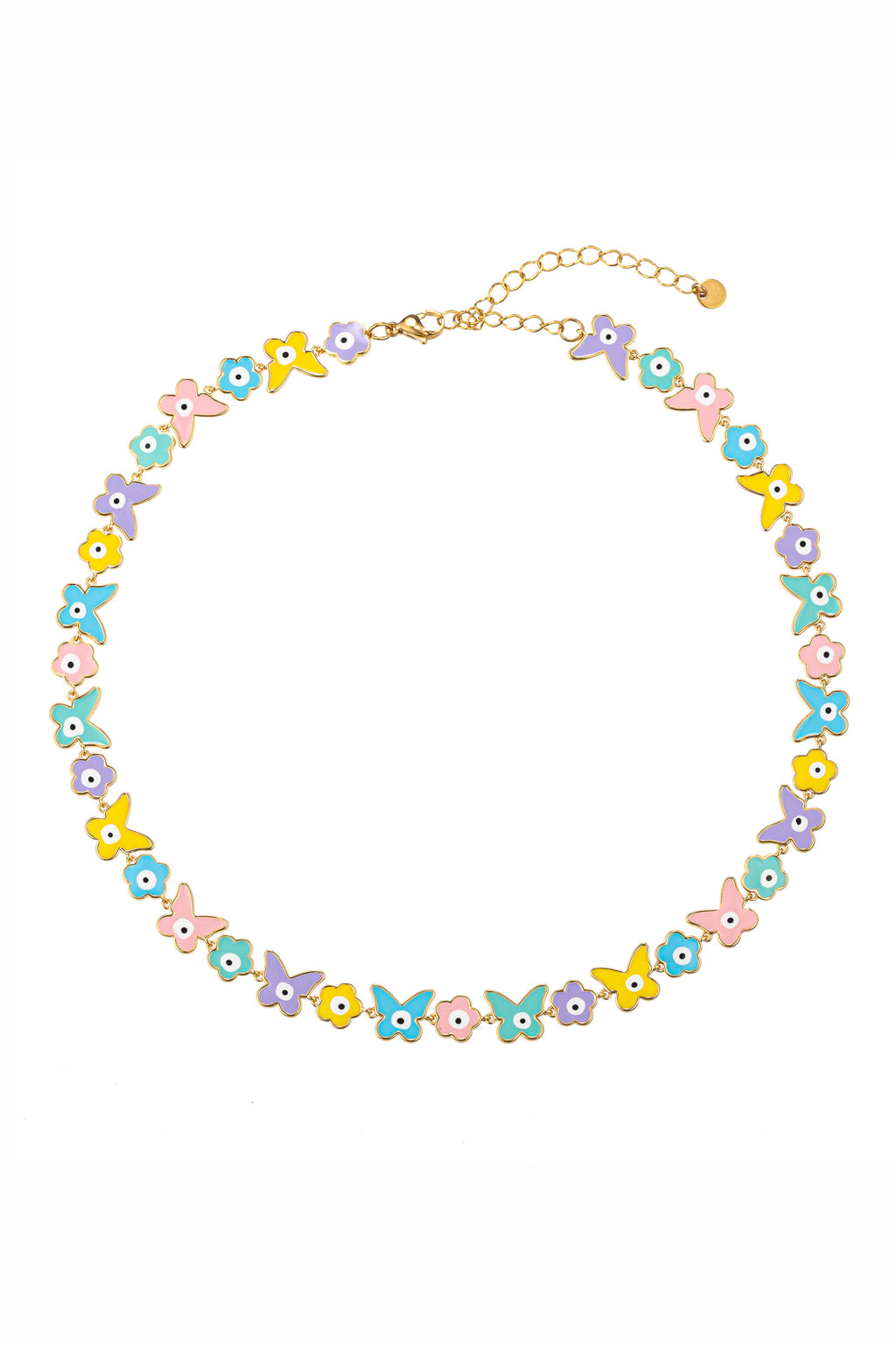 Gold tone alloy necklace with pastel enamel flower and butterfly pendants.