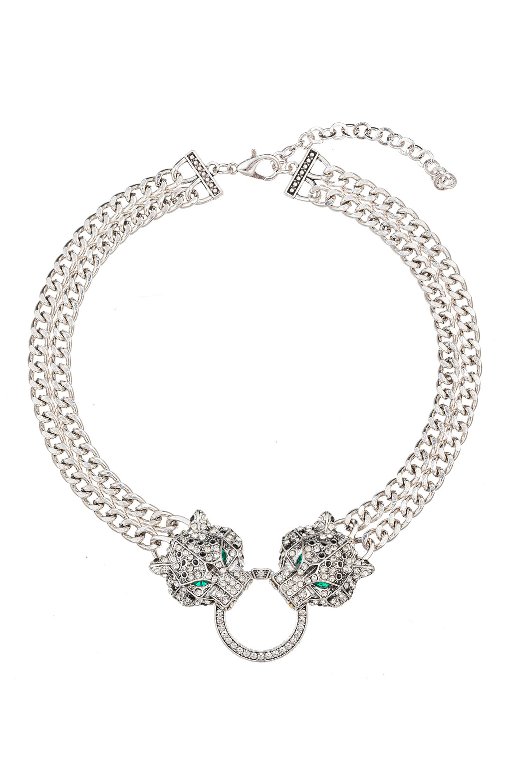 Silver alloy leopard statement necklace studded with glass crystals.