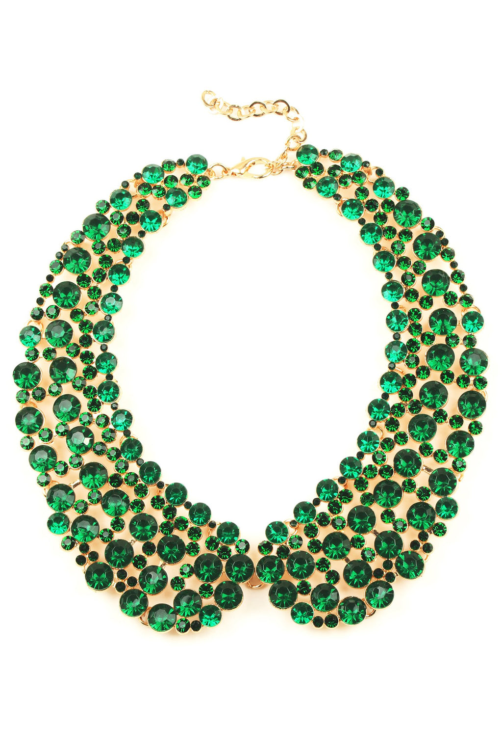 12 inch gold collar necklace with circular green crystals arranged in collar pattern.