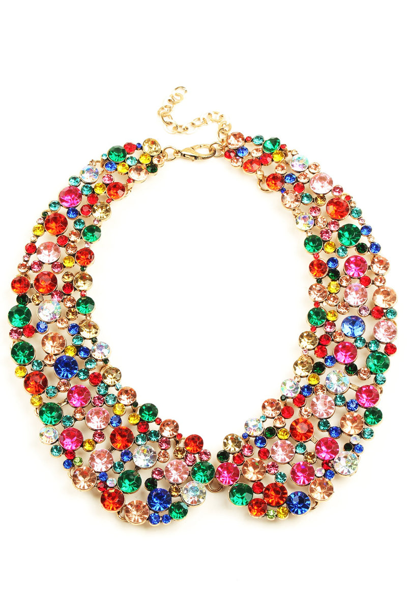 12 inch gold collar necklace with colorful circular crystals arranged in collar pattern.