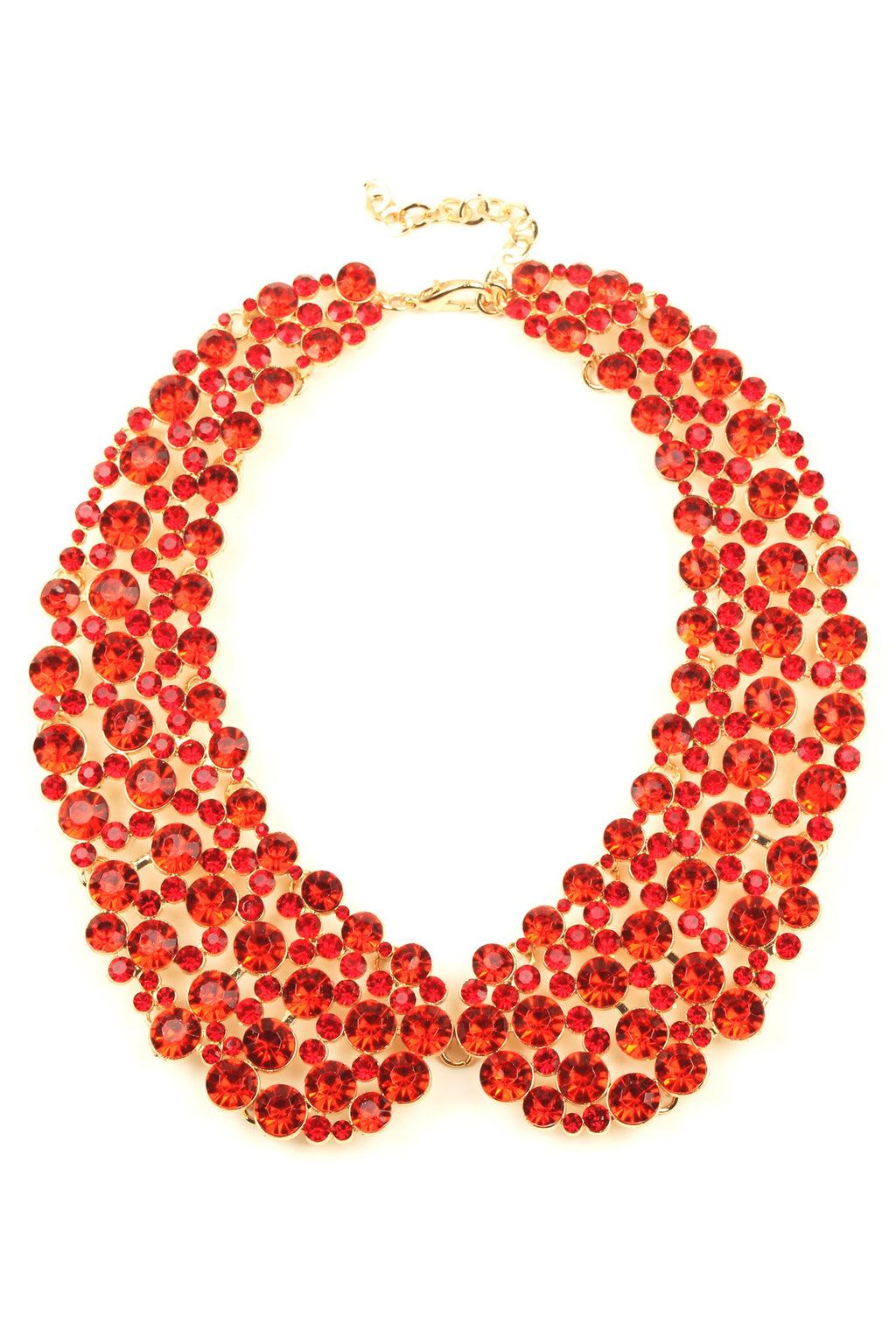 12 inch gold collar necklace with circular red crystals arranged in collar pattern.