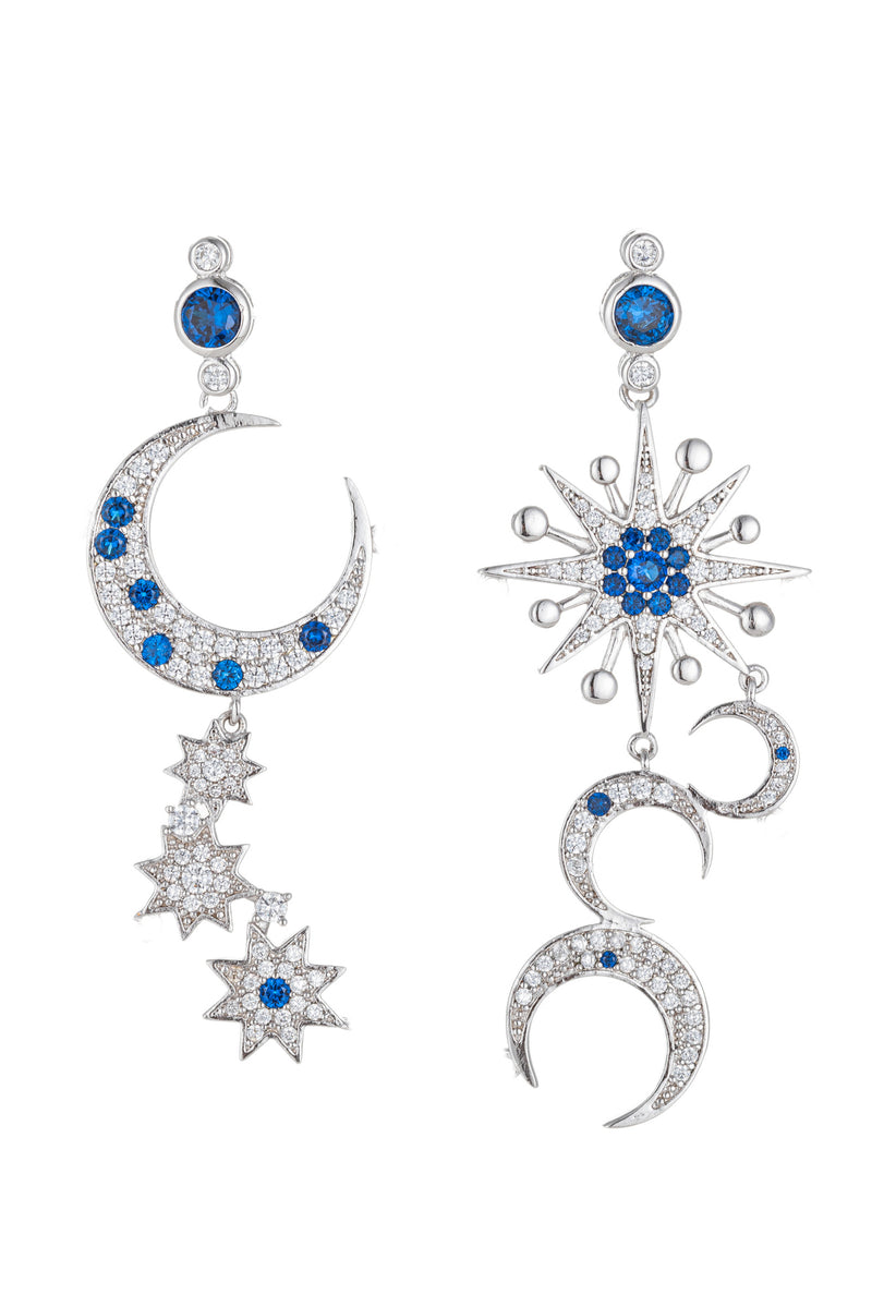 Silver star and moon drop earrings studded with CZ crystals.