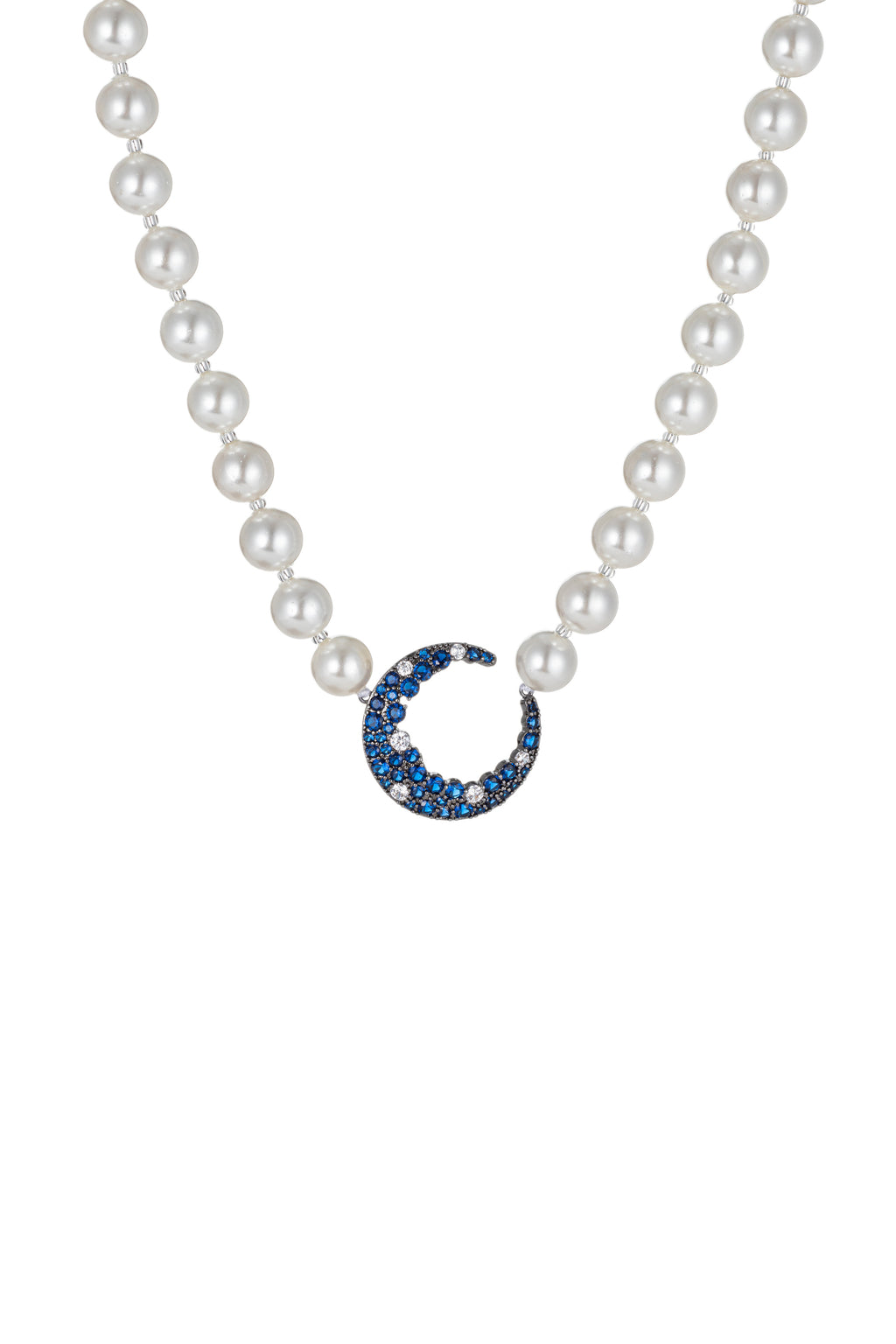 Shell pearl strand necklace with a blue moon pendant.