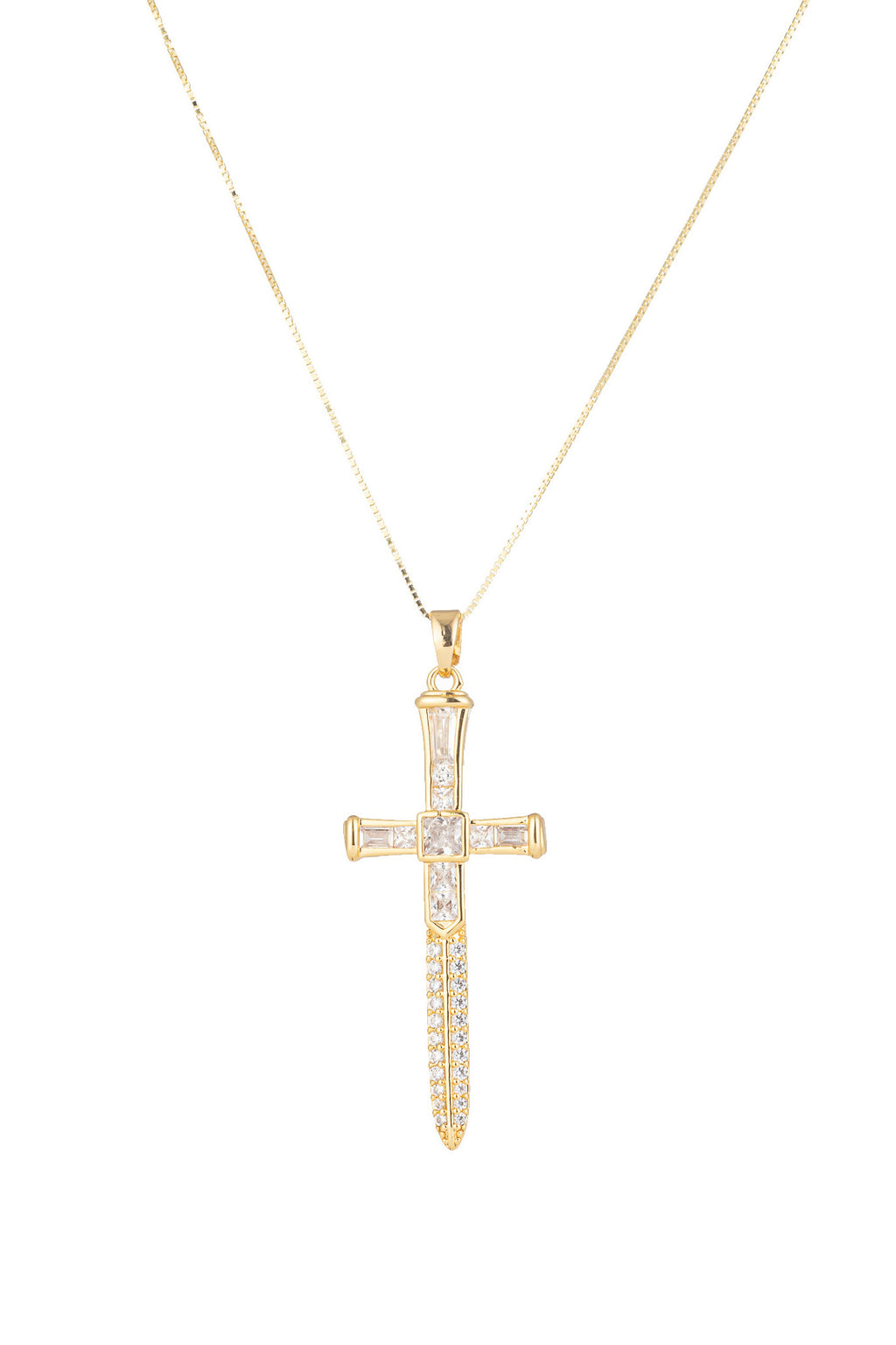 Gold tone brass necklace with a CZ crystal studded sterling silver cross pendant.