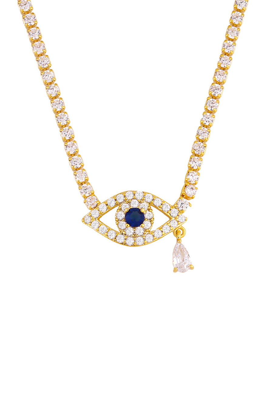 Evil eye tear drop necklace studded with CZ crystals.