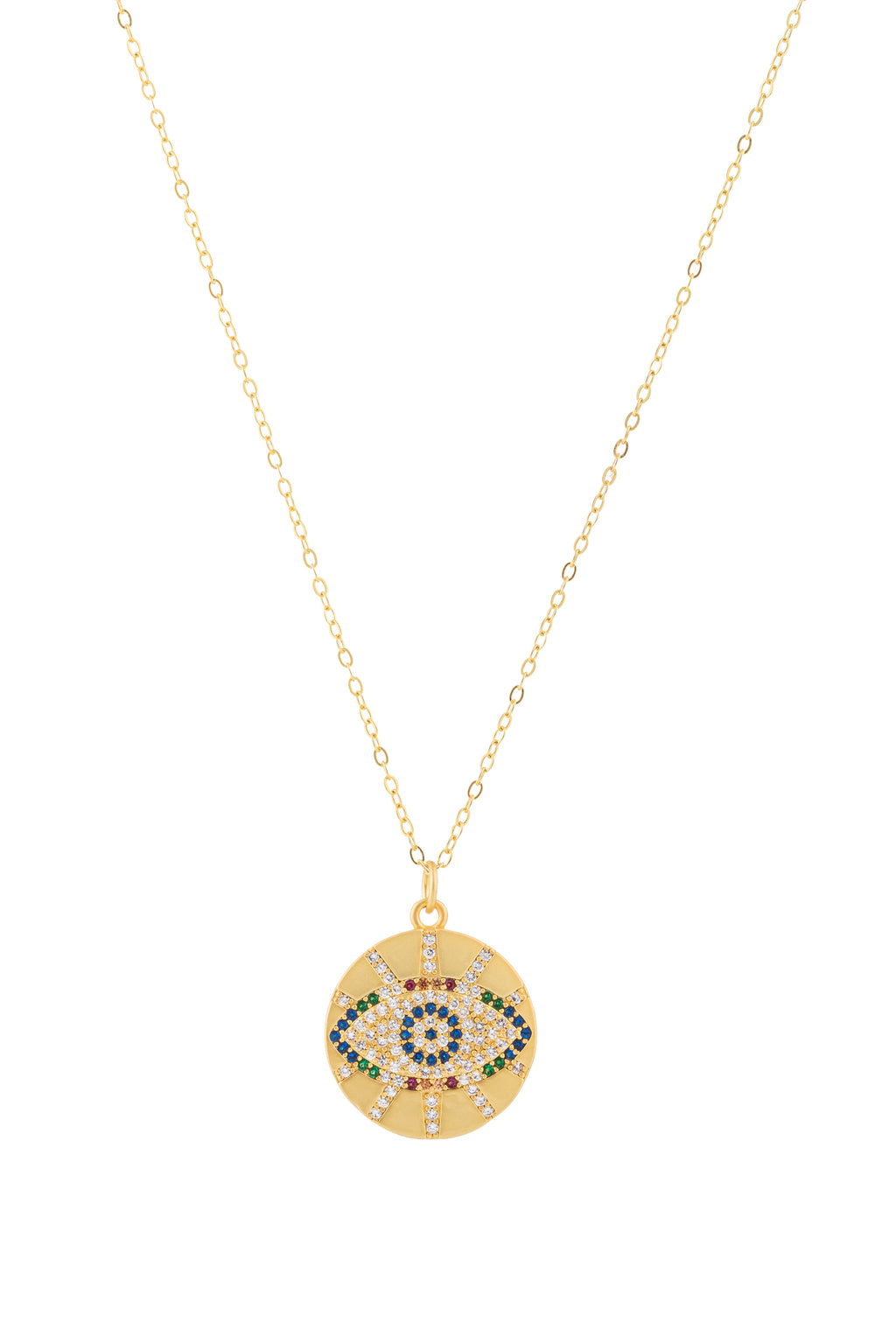 Sterling silver chain necklace with an evil eye brass pendant & CZ crystals.