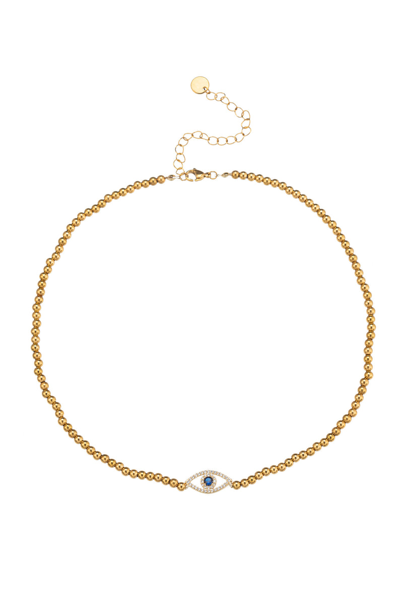 Gold titanium necklace with a CZ crystal evil eye pendant.