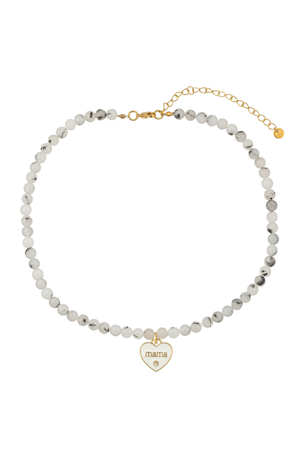 White agate stone beaded necklace with a brass heart pendant that is engraved with the word "MAMA".