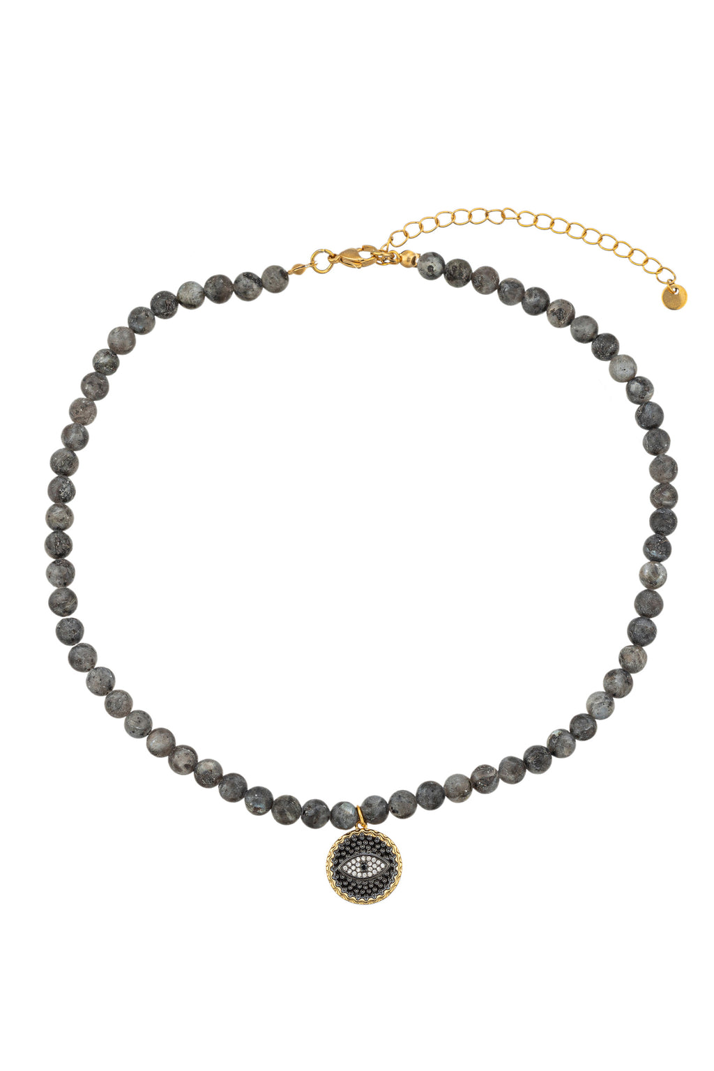 Black agate stone beaded necklace with a CZ crystal evil eye pendant.