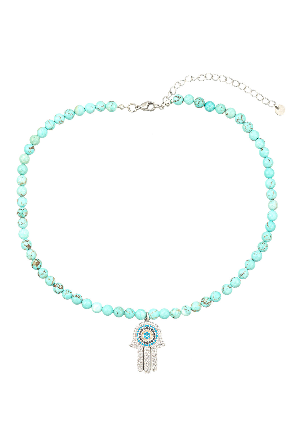 Teal agate stone beaded necklace with a CZ crystal hamsa hand pendant.