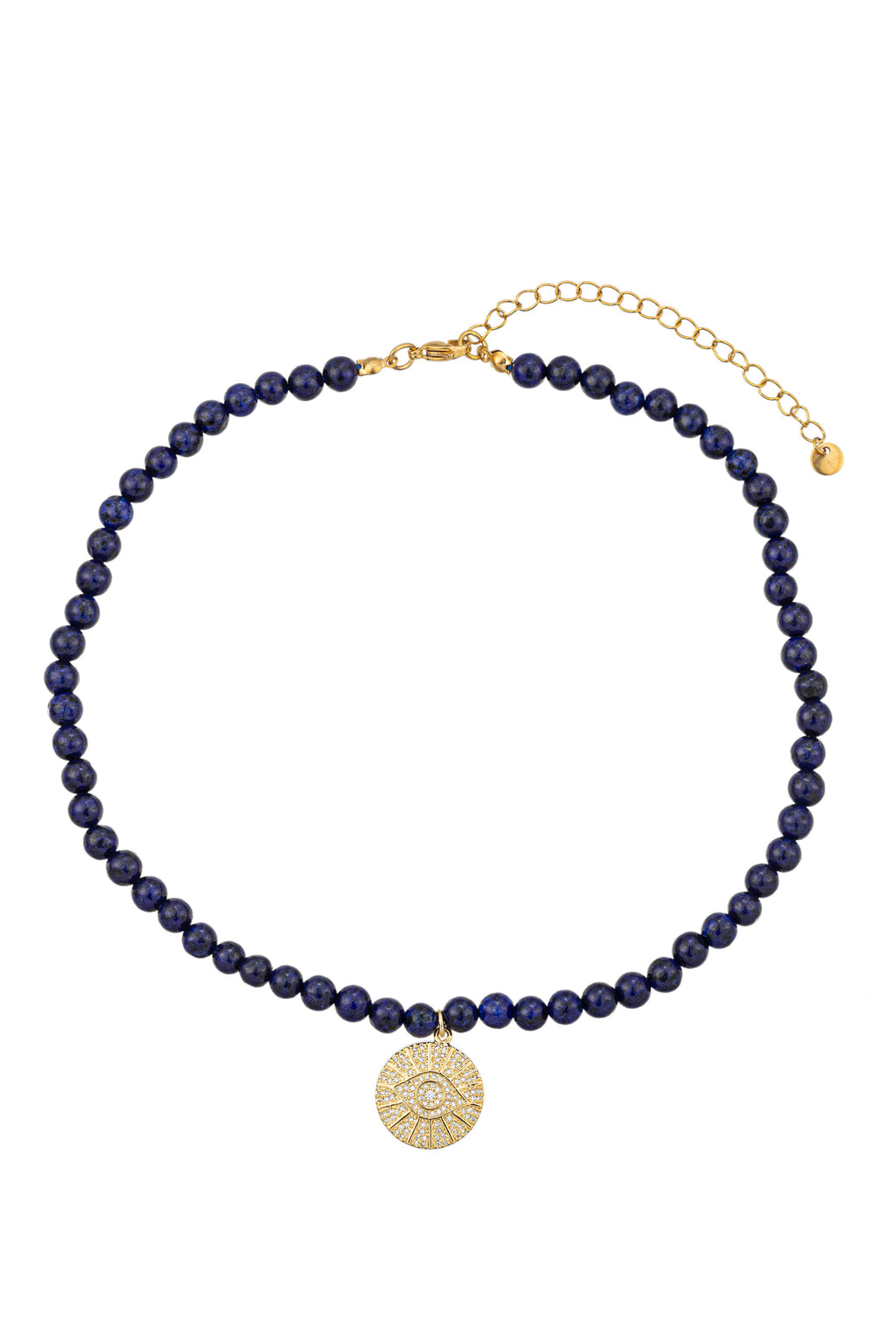 Black agate stone beaded necklace with a CZ crystal gold evil eye pendant.