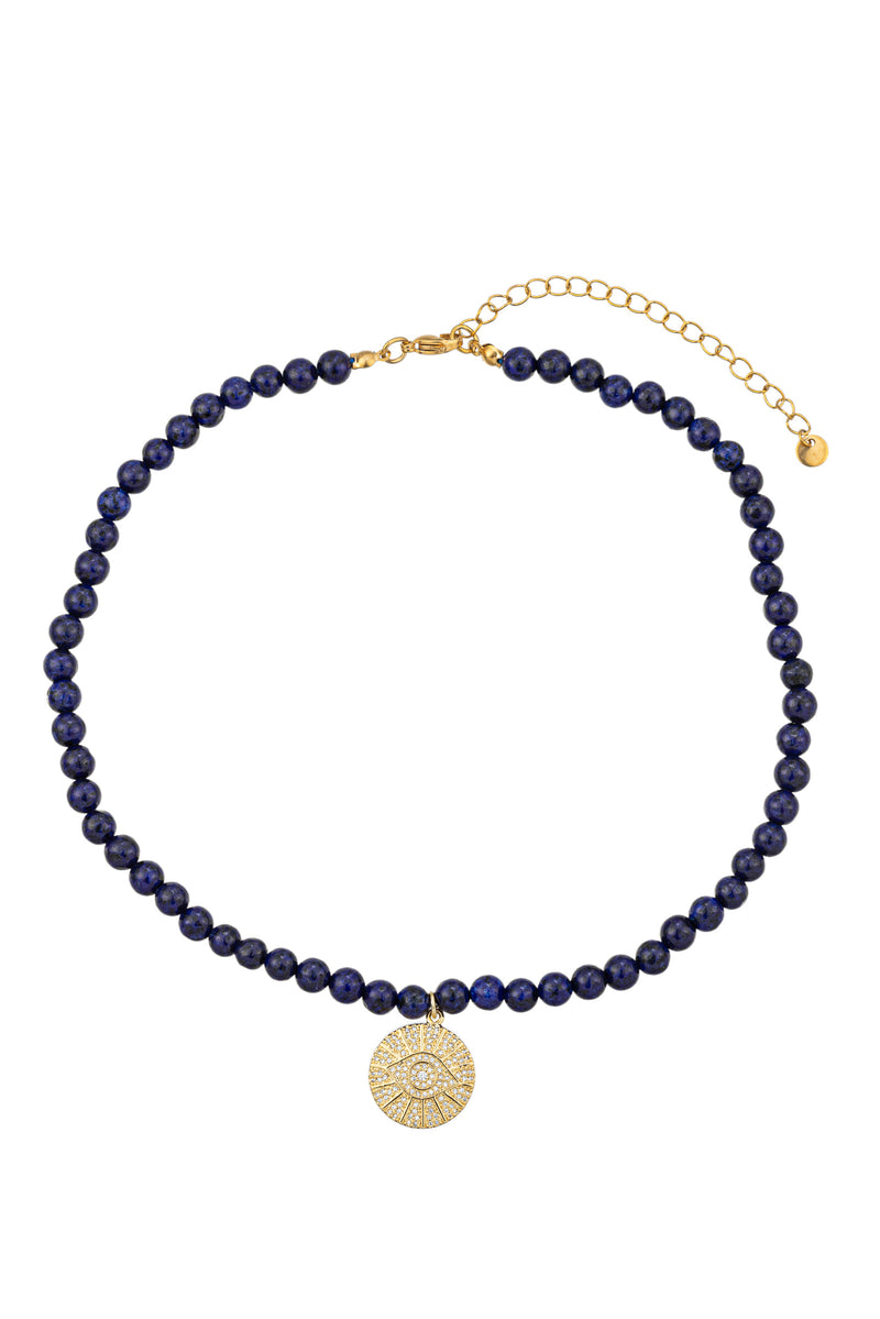 Black agate stone beaded necklace with a CZ crystal gold evil eye pendant.