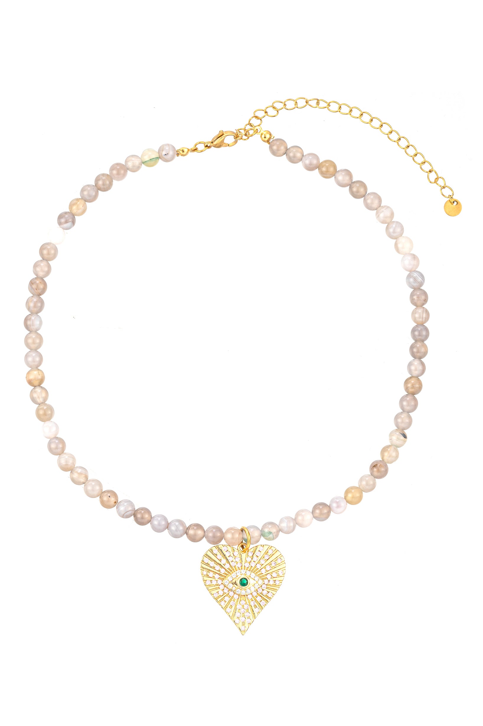 Agate stone and shell pearl necklace with an eye heart pendant studded with CZ crystals.