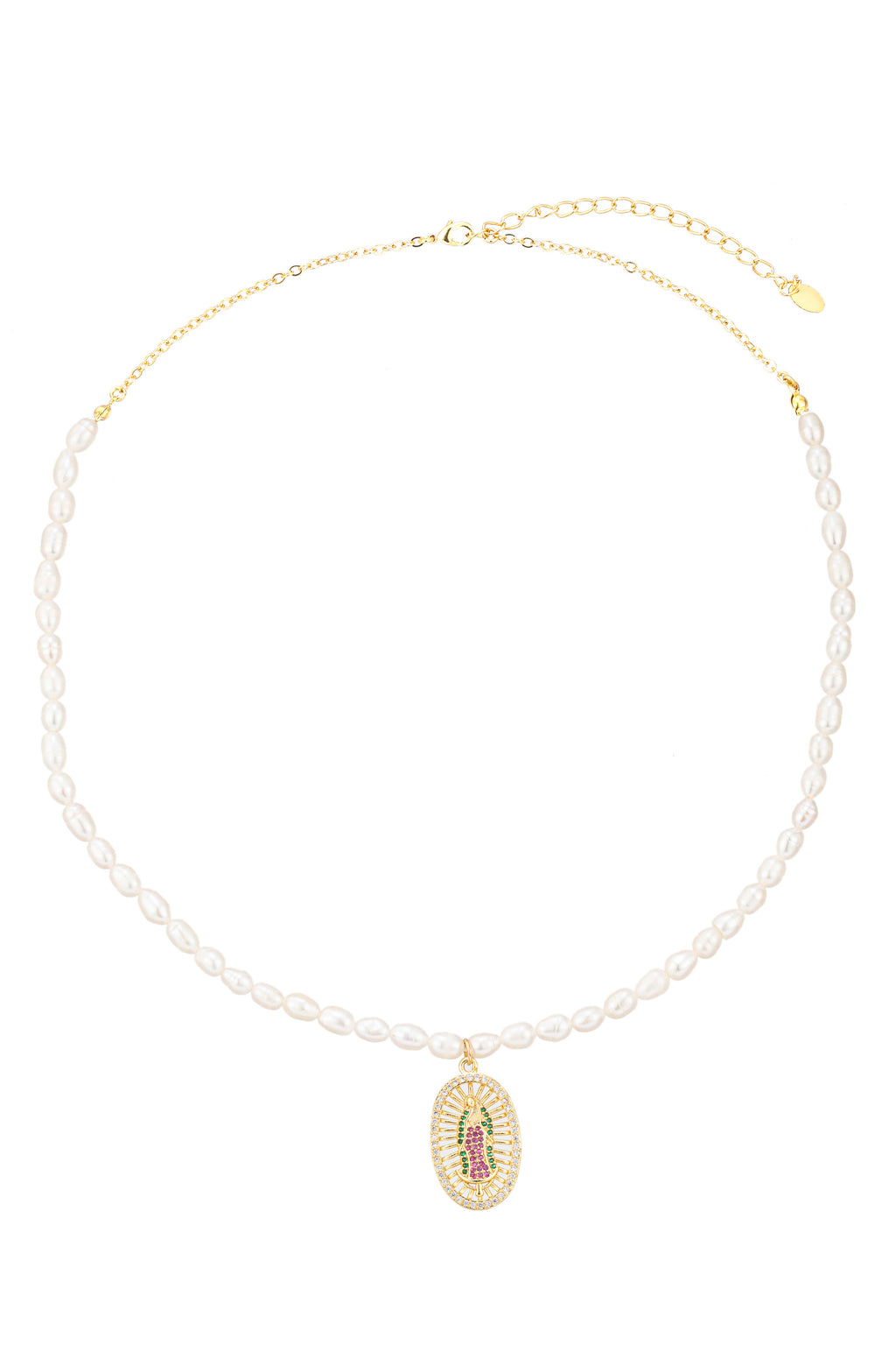 Agate stone and shell pearl necklace with a Virign Mary studded with CZ crystals.