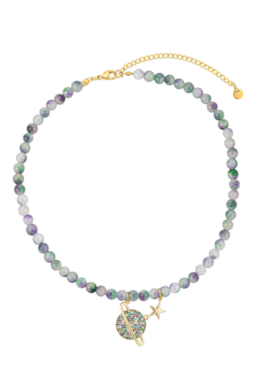 Agate stone and shell pearl Saturn pendant necklace studded with CZ crystals.