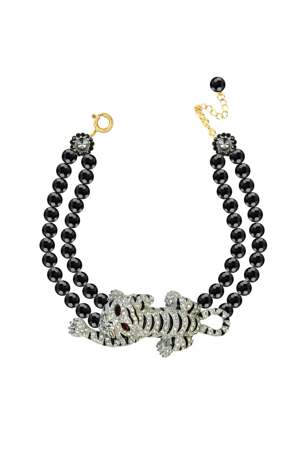 Agate beaded statement necklace with a glass crystal leopard pendant.