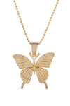 Gold tone titanium flying butterfly pendant necklace studded with CZ crystals.