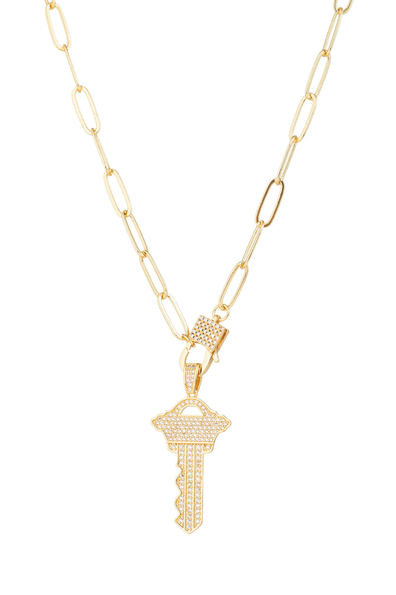 Key pendant on a paper link chain studded with CZ crystals.