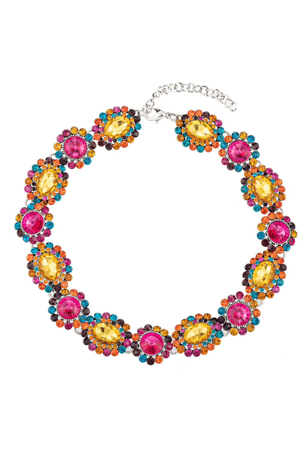 Gold tone alloy pink and yellow glass crystal collar necklace.