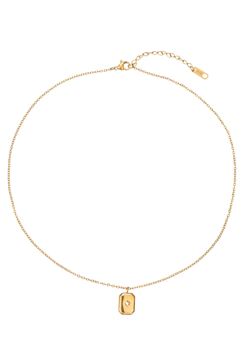 Gold tone titanium pendant square pendant necklace studded with CZ crystals.
