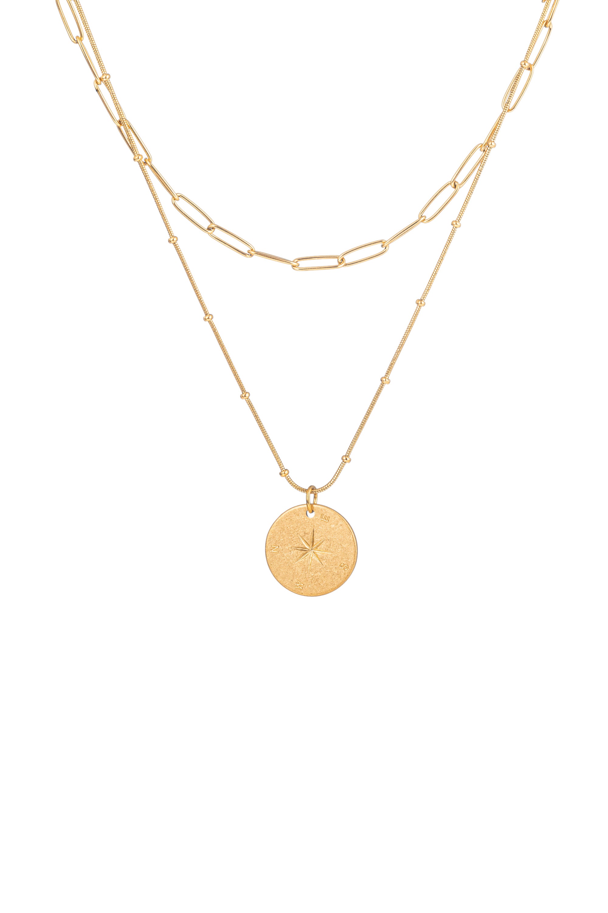 Gold tone titanium compass pendant necklace with an additional paperclip necklace.