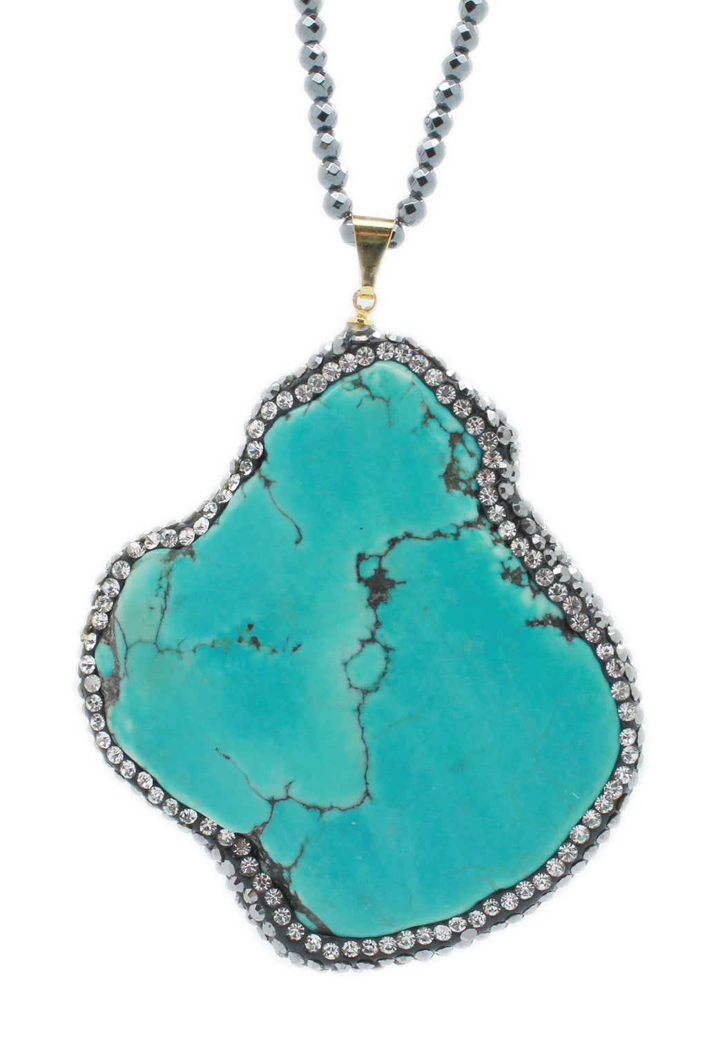 Approximately 1 inch crushed turquoise pendant with Hematite stone setting attached to a metal beaded chain.