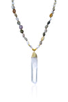 Handmade agate chip beaded necklace with a quartz crystal pendant.