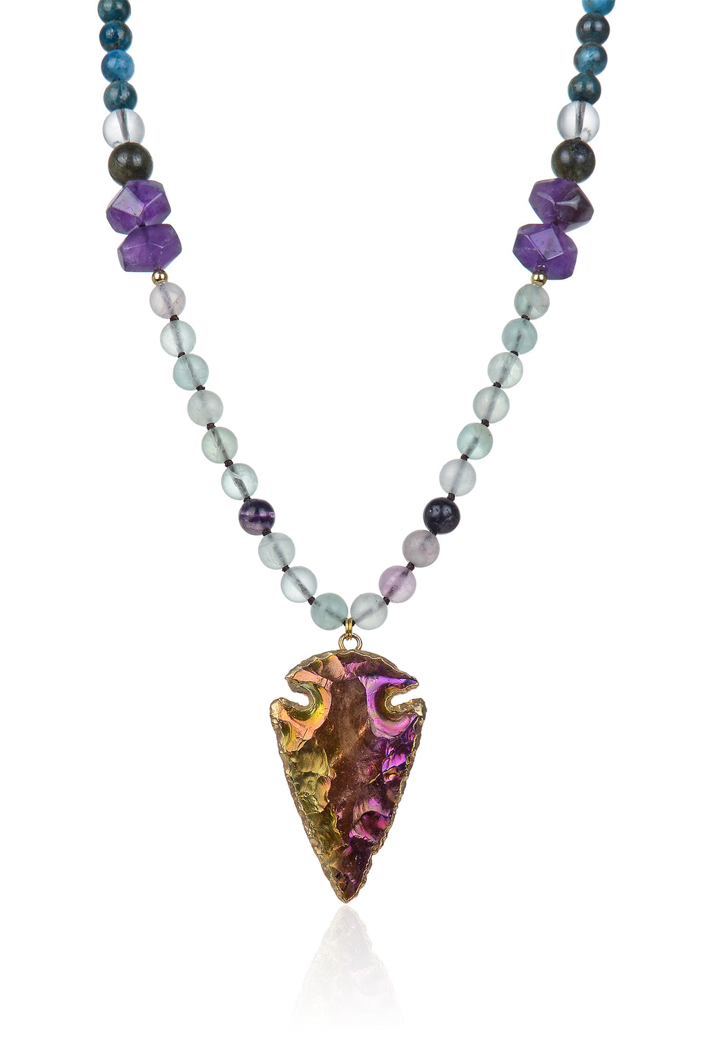 Rainbow fluorite stone knotted necklace with an arrowhead pendant.