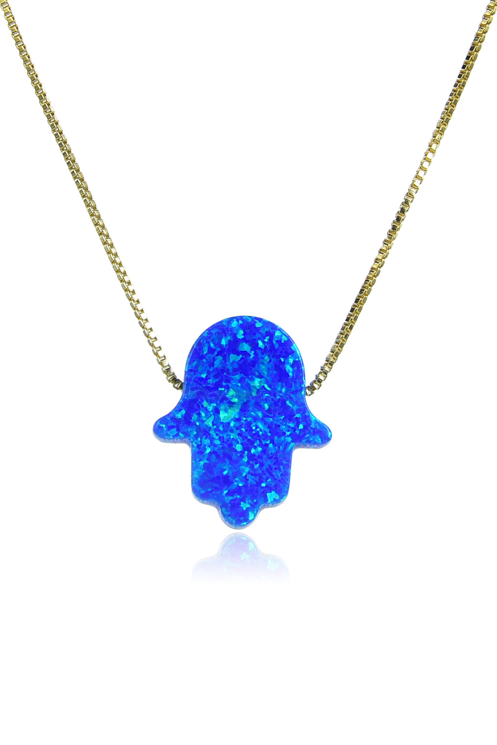 Small gold chain with shiny blue opal hamsa hand pendant.