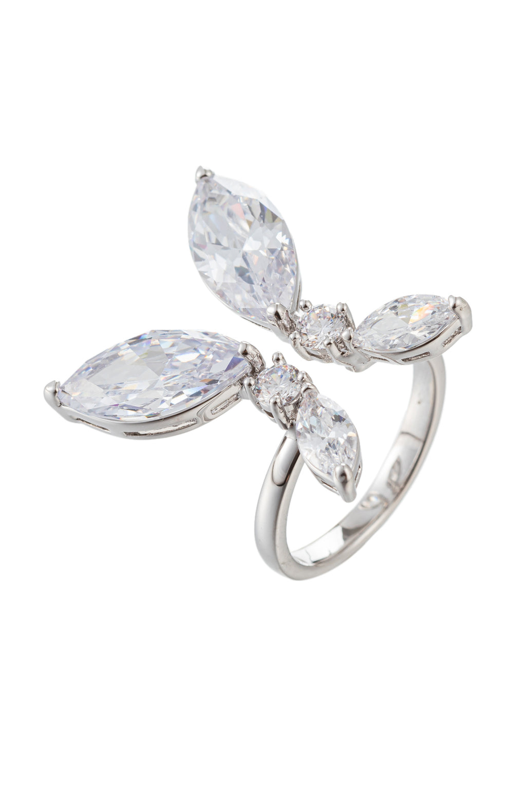 Butterfly wing ring student with CZ crystals.