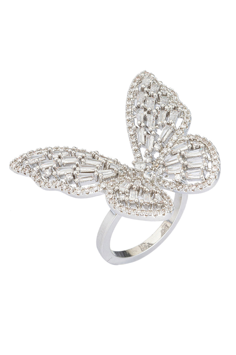 Silver butterfly ring studded with CZ crystals.