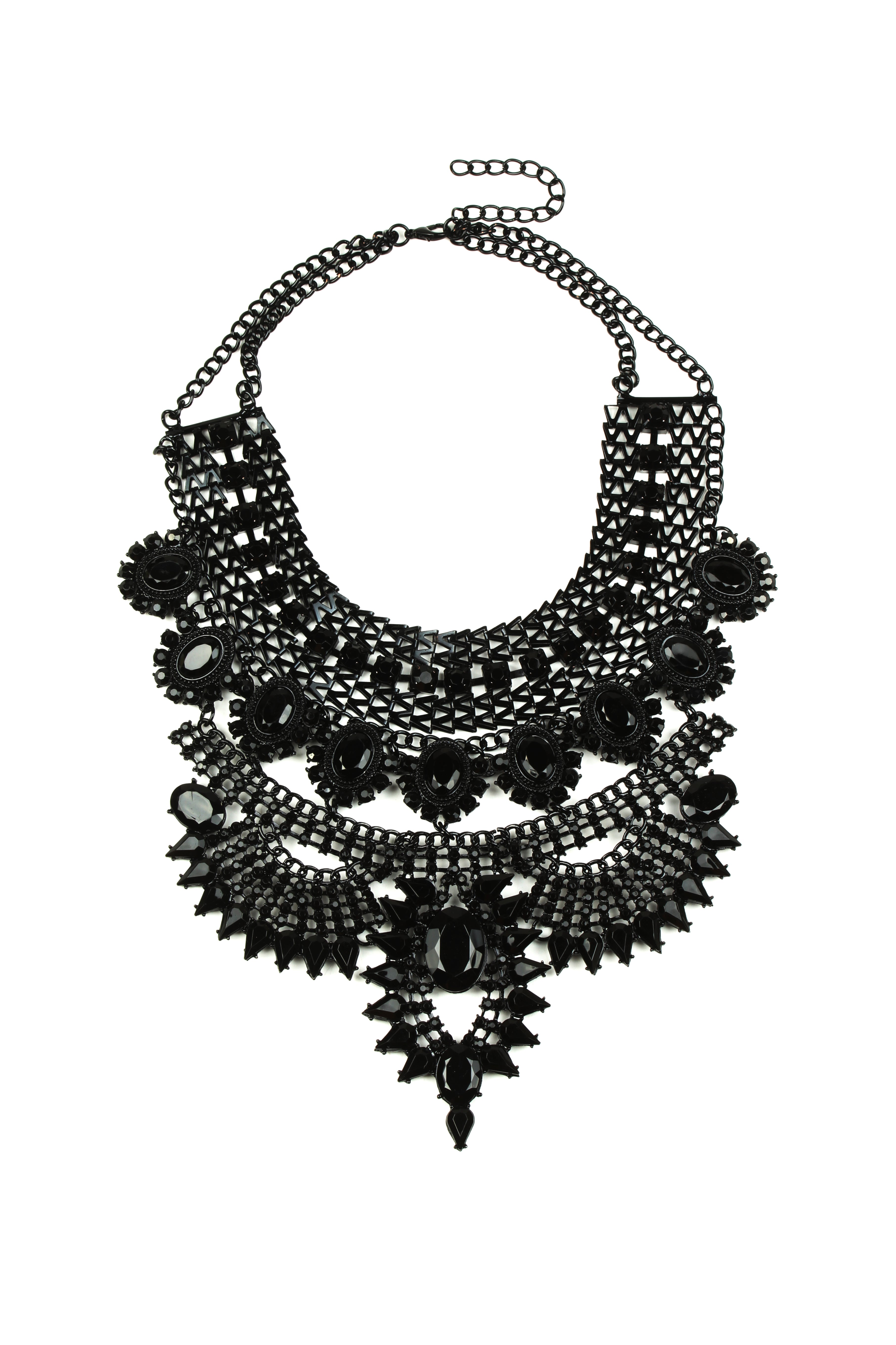 Black alloy tribal statement necklace studded with glass crystals.