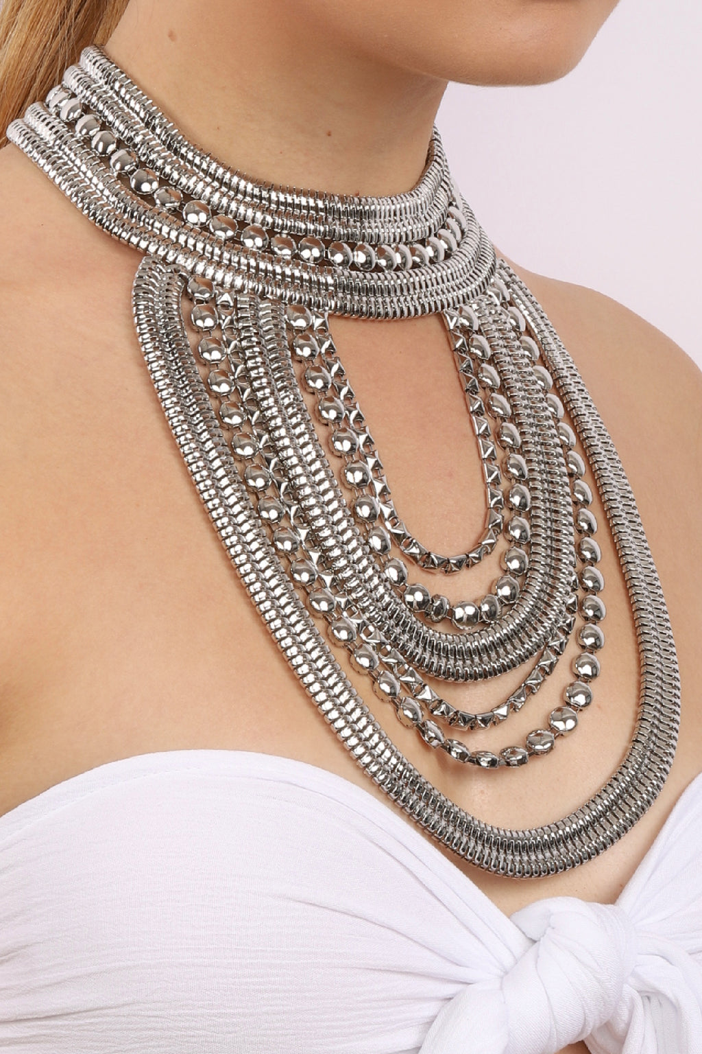 silver tone long drop statement necklace