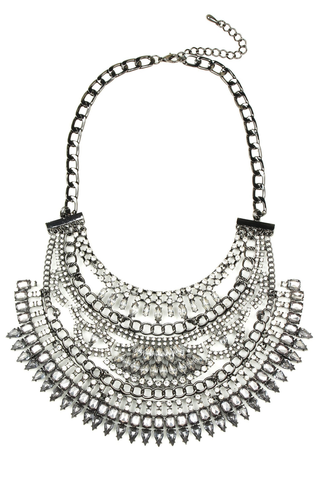 Silver layered necklace approximately 14 inches in length. This piece is adorned with faceted crystals and conveys a Victorian gothic style.