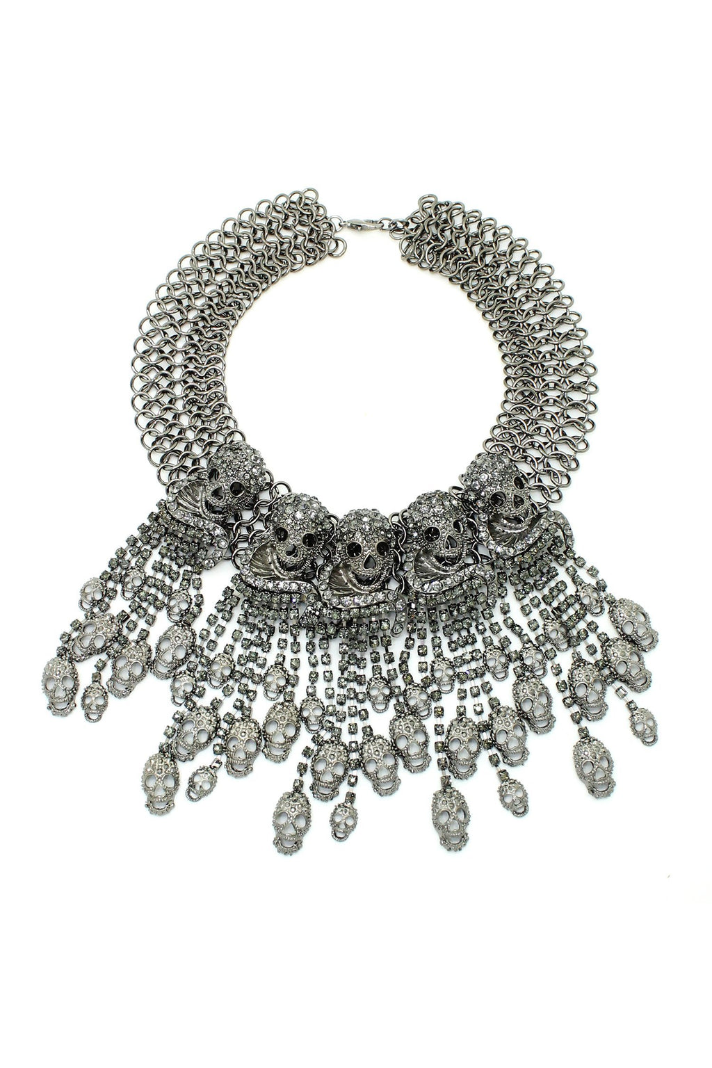 dark silver skull fringe drop necklace