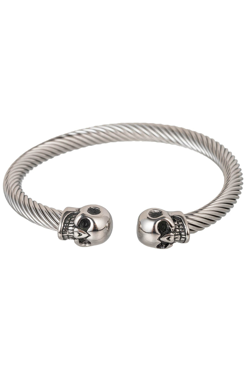 Double Skull Head Titanium Silver Cuff Bracelet