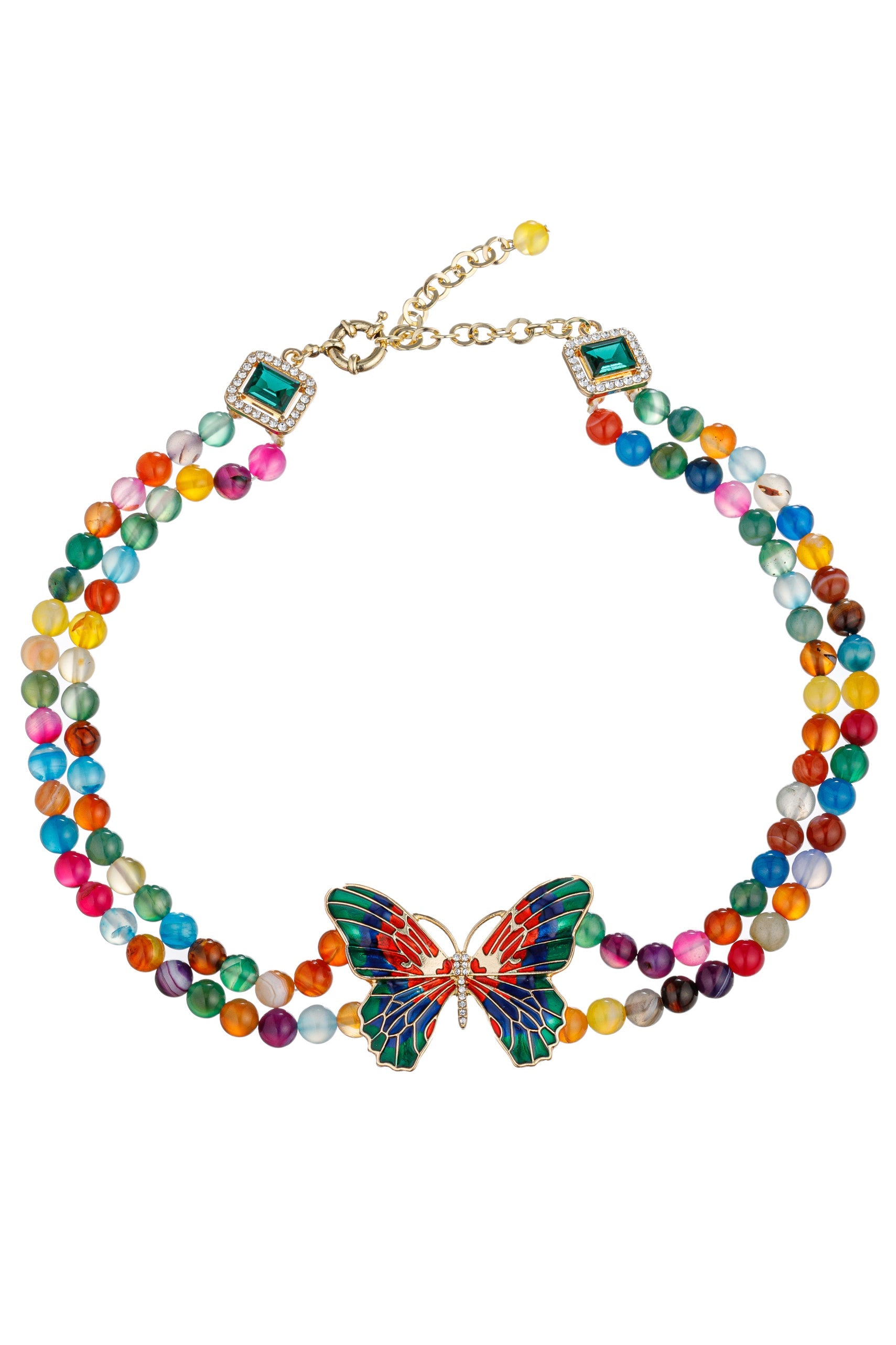 Embrace vibrant beauty with this pendant necklace featuring a beaded monarch butterfly design in a rainbow of colors.
