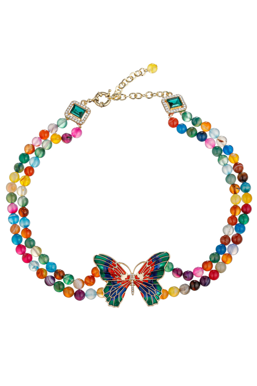 Embrace vibrant beauty with this pendant necklace featuring a beaded monarch butterfly design in a rainbow of colors.