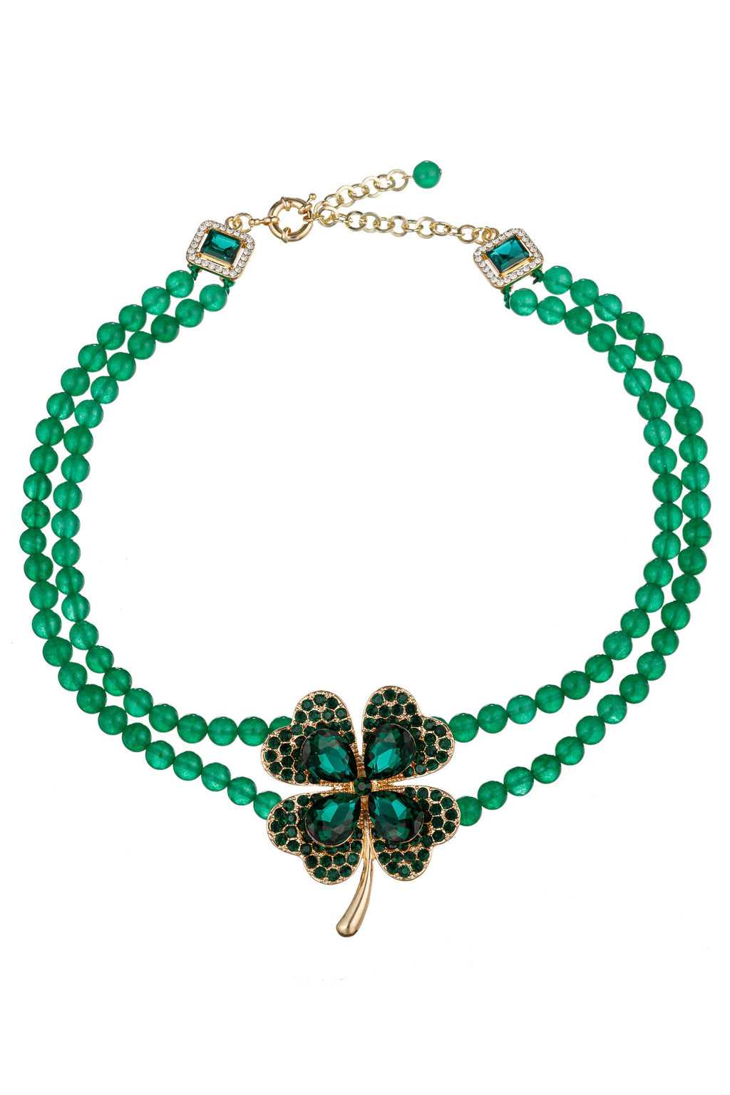 Enhance your style with this beaded necklace adorned with a green clover design, a symbol of luck and charm