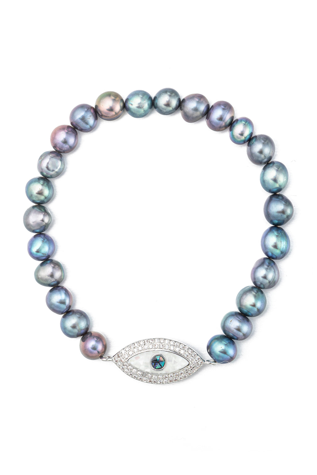 Peacock pearl stretch bracelet with an eye pendant that is studded with CZ crystals.