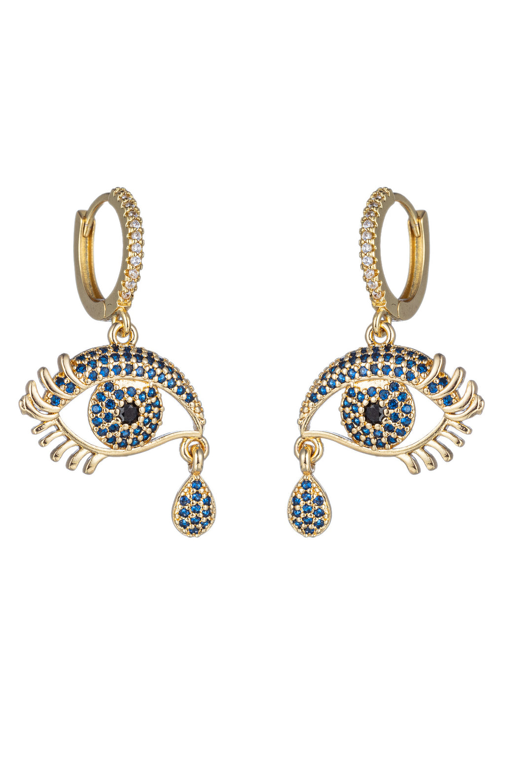 Gold brass eye teardrop earrings studded with blue CZ crystals.