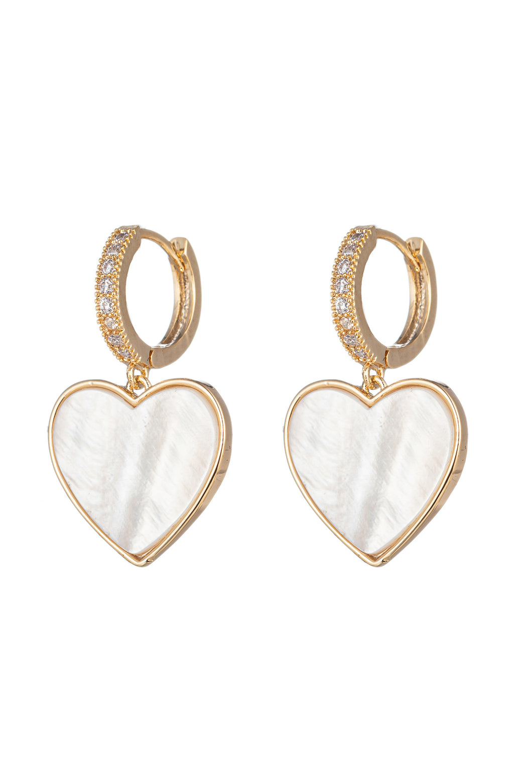 Gold tone brass heart huggie earrings made with shell pearls.