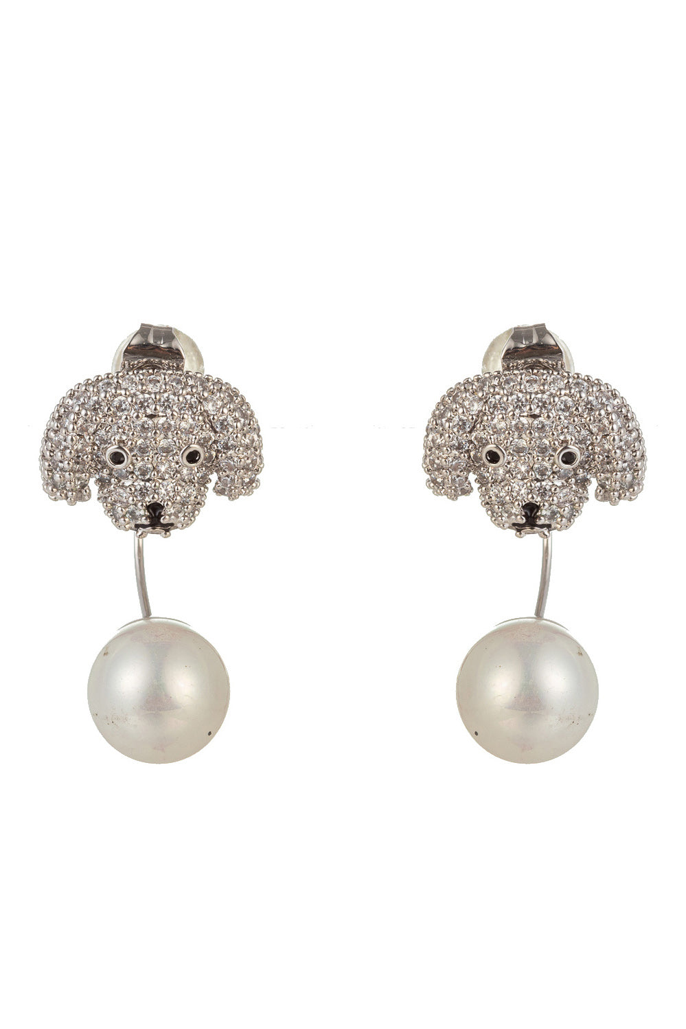 Silver poodle earrings studded with CZ crystals.