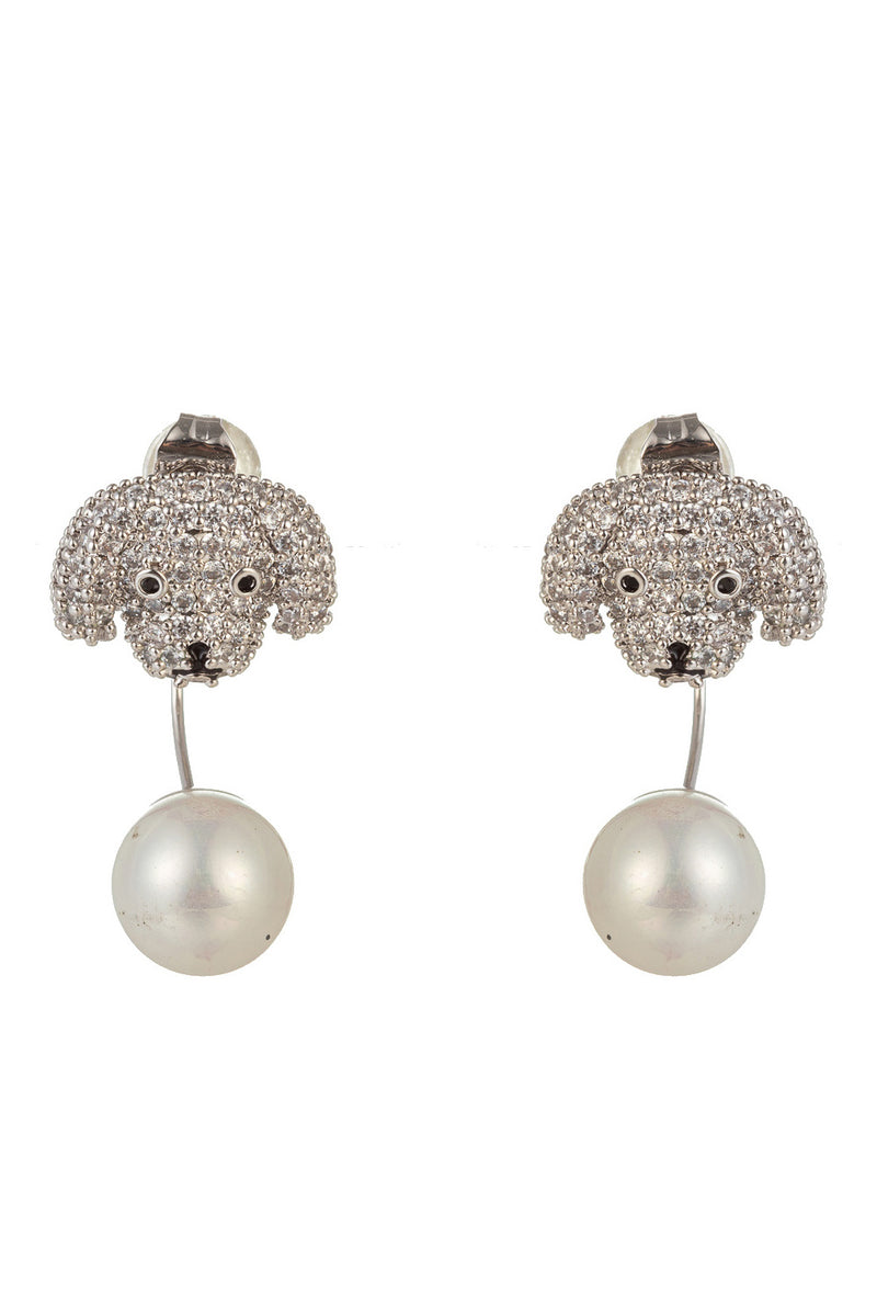 Silver poodle earrings studded with CZ crystals.