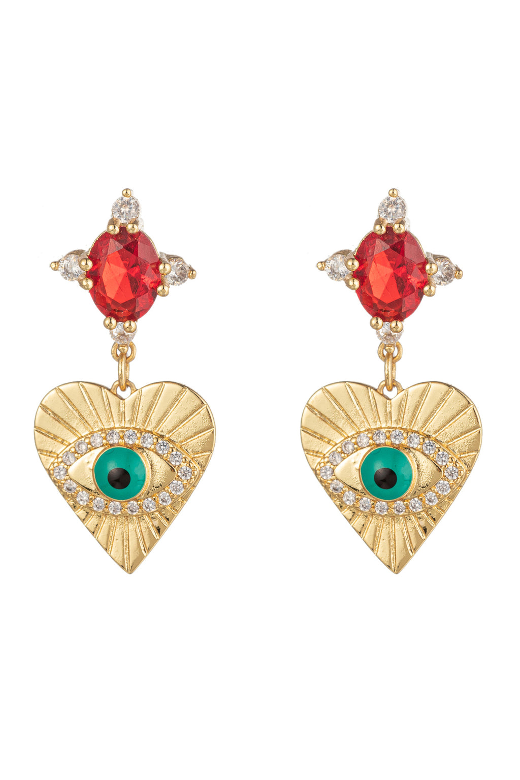 Eye heart pendant statement earrings studded with CZ crystals.